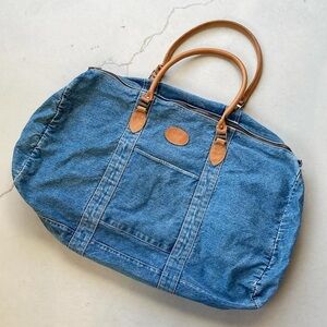 GAP Vintage Denim Weekender Bag with Tan Leather Top Handles 80s Zipper Closure